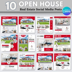 May include: Ten social media post templates for real estate agents. Each template features a red and white color scheme with a photo of a house and the text "Open House".