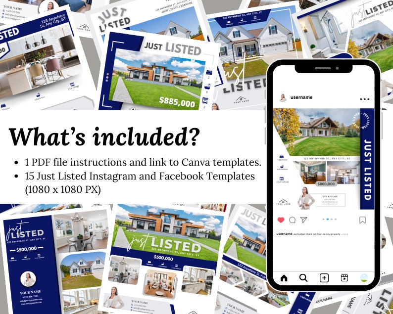 Real Estate Social Media Posts: Just Listed Canva Templates (digital ...
