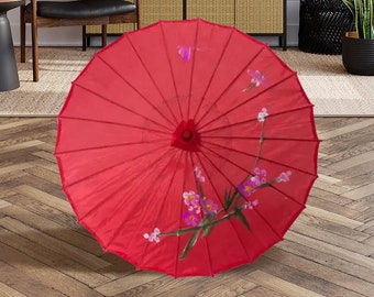 Pretty Painted Pink Parasol / Vintage Chinese Style Umbrella