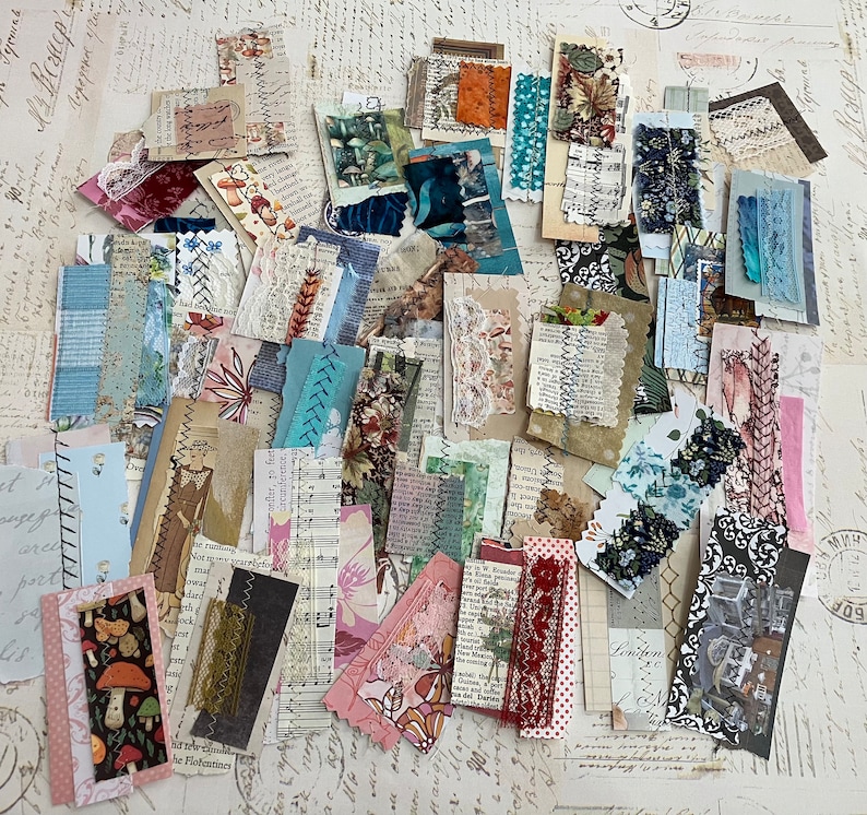 Stitched Snippets / Clusters for Journals in reusable Velcro closure plastic envelope, snippets with fabric, lace, paper, cardstock etc. image 6