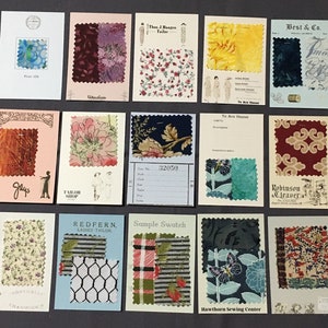 Stalenkaarten van stof in vintagestijl en visitekaartjes met stoffenthema