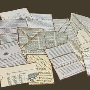 7 Vintage Book Page Pockets - Sewn Pockets with inked edges
