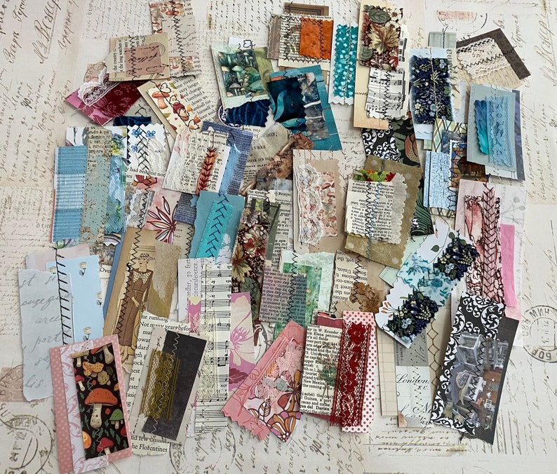 Stitched Snippets / Clusters for Journals in reusable Velcro closure plastic envelope, snippets with fabric, lace, paper, cardstock etc. image 3