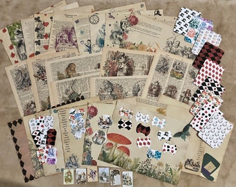 Vintage Alice In Wonderland Printed Papers and Ephemera Journal Kit