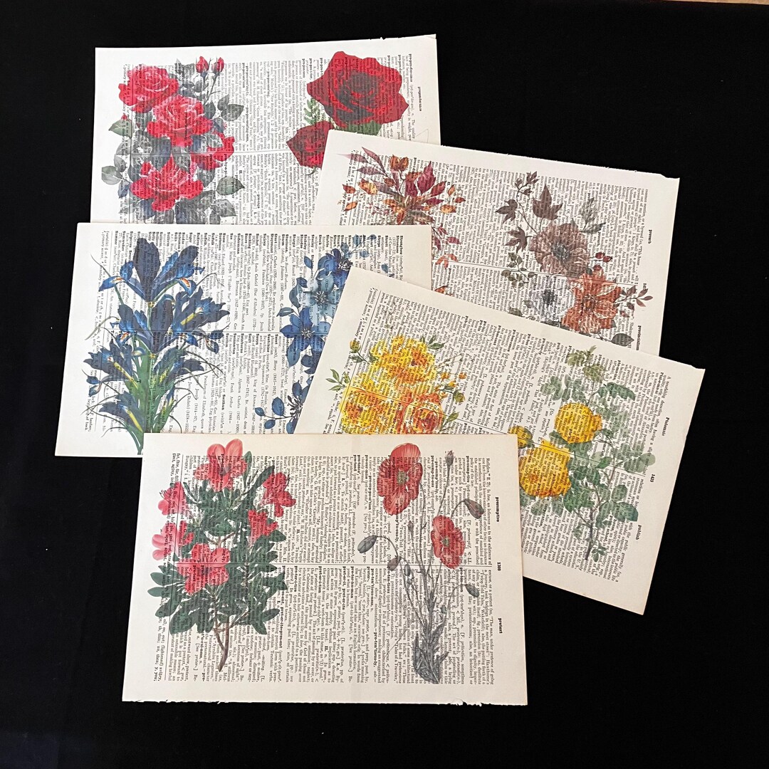 Floral Print Set: Vintage Dictionary Page or Tea Dyed Paper - Etsy