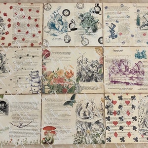 Vintage look Alice In Wonderland Printed Pages, journal pages, pages for signatures