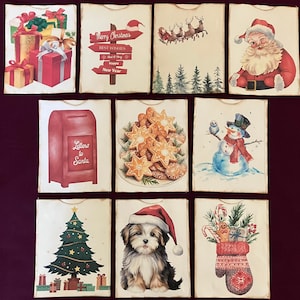 Christmas Themed Pockets for Journals #2 - Images on tea dyed paper with neutral thread stitched edge