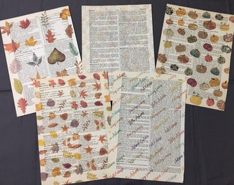 5 Pages of Fall / Autumn images printed on vintage Book pages