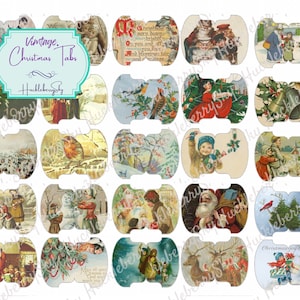 Vintage Style Christmas Image  Round Tabs - 25 Whale Tail Punch Style Tabs