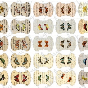 May include: A collage of vintage-style butterfly tags. Each tag features a unique butterfly illustration in various colors, set against a backdrop of aged paper with handwritten text. The tags are ideal for crafting or scrapbooking.