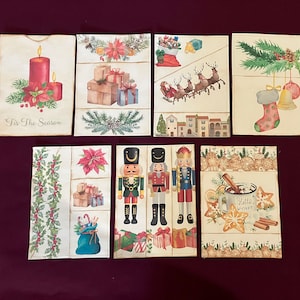 Christmas Themed Pockets for Journals #1 - Images on tea dyed paper with neutral thread stitched edge