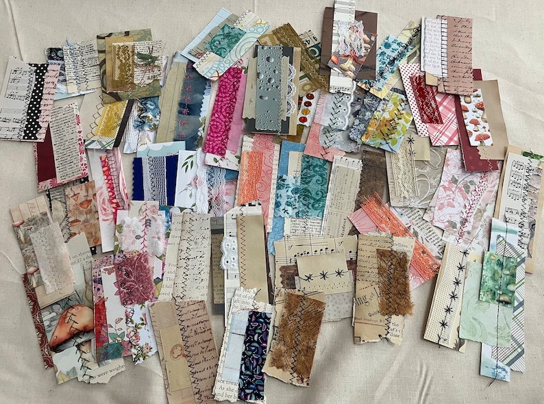 Stitched Snippets / Clusters for Journals in reusable Velcro closure plastic envelope, snippets with fabric, lace, paper, cardstock etc. image 4