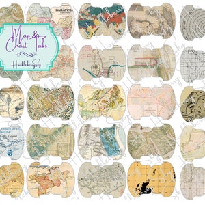 Puede incluir: Veinticuatro pestañas imprimibles de estilo mapa vintage, perfectas para scrapbooking, journaling o para agregar un toque de encanto vintage a tus proyectos. Cada pestaña presenta un diseño de mapa diferente con una paleta de colores única.