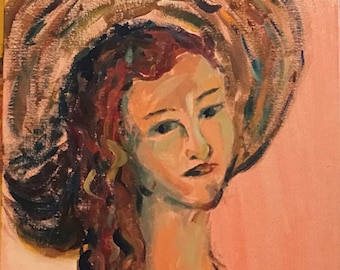 Flower girl Modigliani inspired acrylic figure study in oranges yellows and blues