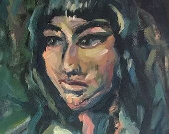 Portrait of a young woman expressionist acrylic painting in