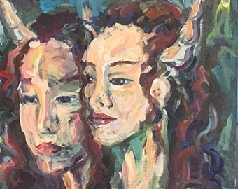 Mme. de Ville and Daughter expressionistic acrylic portrait study in Purples, blues and greens