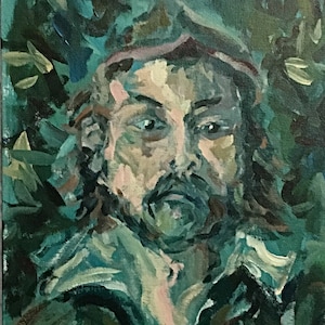 May include: A painting of a man with a dark green background. The man is wearing a dark hat and has a beard. The painting is done in a loose, expressive style.