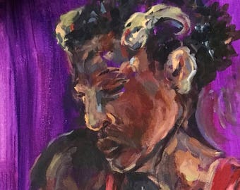 Satyr expressionistic acrylic painting in browns, reds, purples and blues