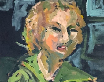 Ghost Boy- Acrylic Expressionist portrait in Blues Greens and Peaches