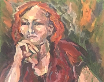 Woman in Red Expressionist Acrylic Painting in Reds Oranges and Greens