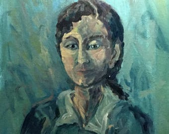 Young Woman in Blue expressionist acrylic painting in blue greens and violets