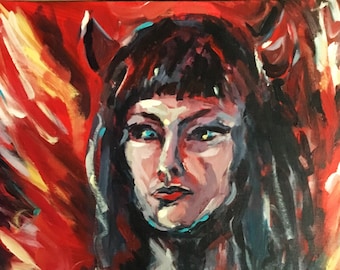Devil Babe Emily- Expressionist Acrylic Painting in Red, Orange and Purples