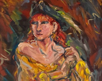 Lioness- Expressionist Portrait of a Woman Pirate in Yellow oranges and greens
