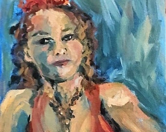 Impressionistic belly dancer acrylic figure study in orange and turquoise
