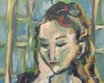 Coffee and a good book expressionistic female figure study in green, blues and violets