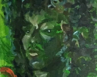 Afro Disco Roderick- expressionist acrylic portrait in Greens, purples and browns