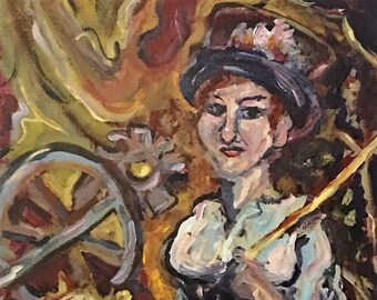 Mistress of Time maroon,gold,violet, white and black steampunk acrylic painting