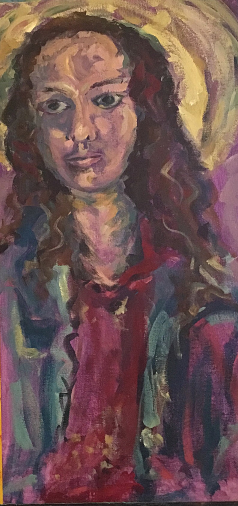 May include: A painting of a woman with long brown hair wearing a straw hat and a purple and blue jacket over a red shirt.