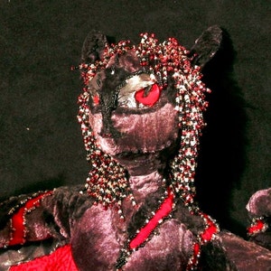 Soft Sculpture Winged Cat  Nemesis-The Sorceress Red black silver velour cat