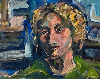 Boy in Green- Acrylic Expressionist painting in blues, greens and yellows