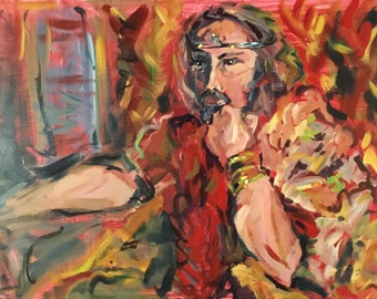 Upon Reflection- Expressionistic Acrylic Portrait in Reds and Golds