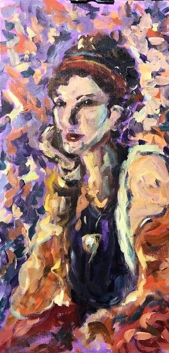 A Bohemian Rose an acrylic expressionist figure study in orange gold and violet