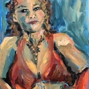 May include: A painting of a woman with curly red hair wearing a red top and a beaded necklace. The background is a blue-green color.