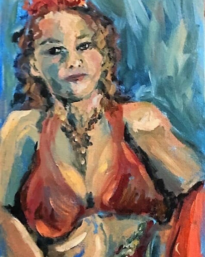 May include: A painting of a woman with curly red hair wearing a red top and a beaded necklace. The background is a blue-green color.