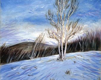 Winter Tree  Acrylic Painting blue and white snowy landscape