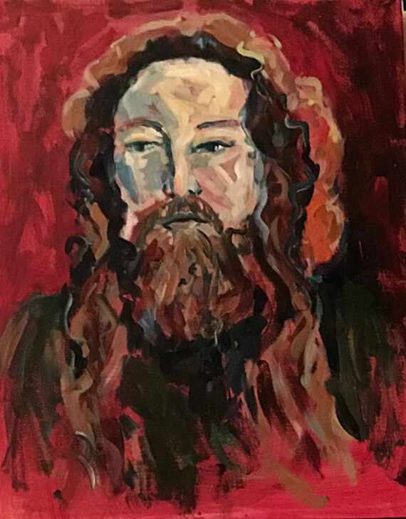 Rasputin expressionist portrait in reds greens and browns