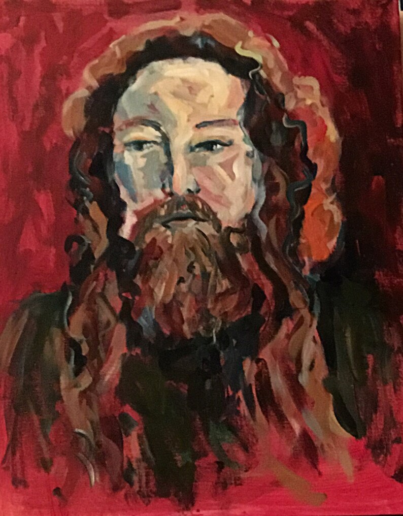 May include: A painting of a person with long, dark hair and a beard. The person is wearing a dark shirt and has a serious expression on their face. The background is a deep red color.