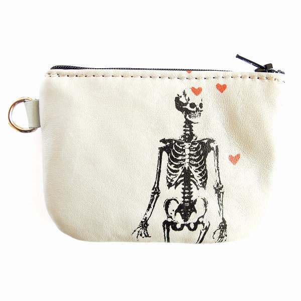 Skeleton pouch small zip wallet Grey Recycled Leather with Hearts