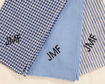 Monogrammed Blue Cotton Handkerchief Set - Personalized Hankies, Gift for Him