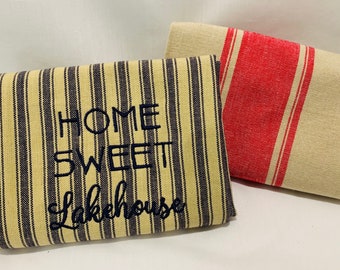 Home Sweet Lakehouse Towel - Farmhouse Towel - Custom Kitchen Dish Towel - Housewarming Gift - Embroidered Striped Towel