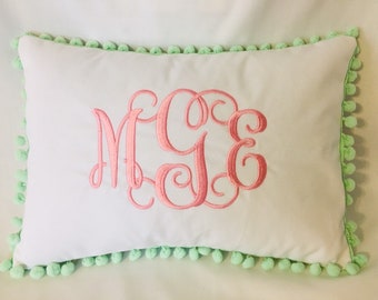 Monogrammed Pillow Cover - Pom Pom Pillow - Personalized Pillow Cover - Dorm Decor - 14x10" Pillow Cover - Monogrammed Pillow