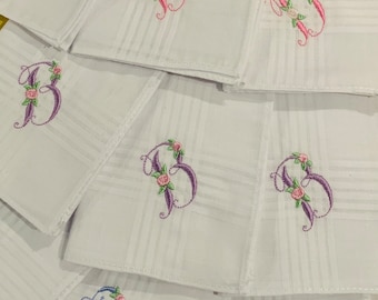 Ladies Monogrammed Cotton Handkerchiefs - Rose Embroidered Handkerchiefs - Eco Friendly Gift for Her - Zero Waste Gift