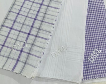 Monogrammed Handkerchief Lavender Plaid Set - Cotton Handkerchiefs - Gift for Him - Personalized Handkerchiefs - Wedding Gift