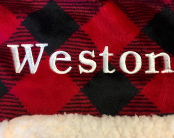 Red Check Sherpa Blanket - Monogrammed Plaid Blanket - Buffalo Plaid Blanket - Luxury Blanket