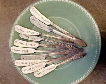 spread love peace joy good vibes hand stamped vintage silverplate knife spreader wedding bridal shower