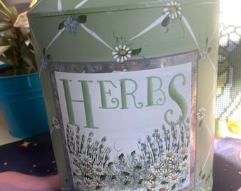 2001 Kathy Hatch Vintage Herb Collection Herb Canister, Floral Metal Storage Tin, Cottage Farmhouse Kitchen Decor, New Creative Enterprises